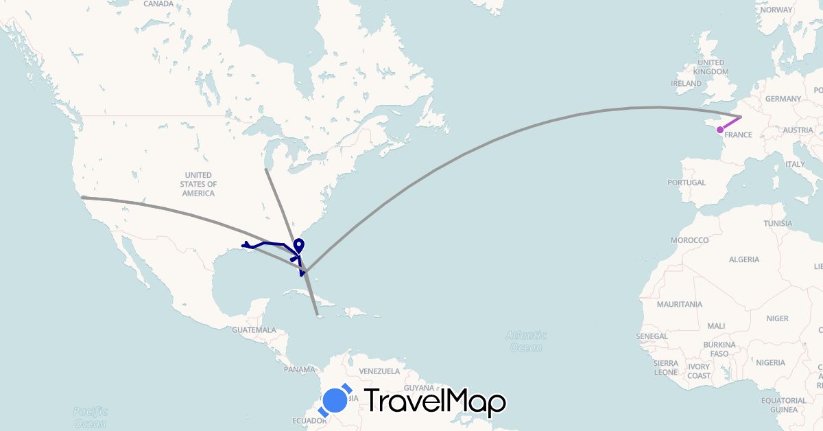 TravelMap itinerary: driving, bus, plane, train in France, Jamaica, United States (Europe, North America)